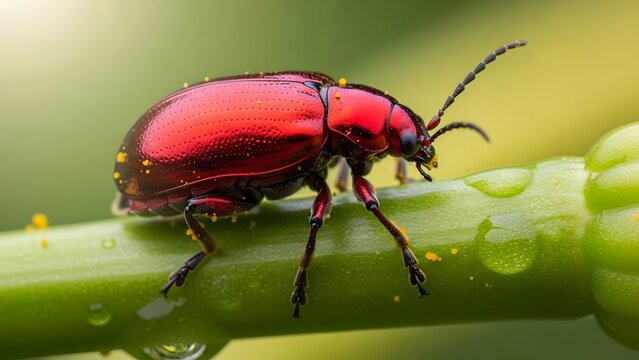 Metallic Red Leaf Beetle with Yellow Pollen on a Green Stem