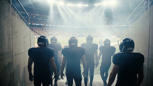 Football athletes surge into stadium with fierce energy and focus