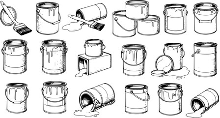 Detailed vector set of paint cans, buckets, and brushes with paint drips and spills, in classic black and white ink drawing style for renovation and art concepts. © victoria