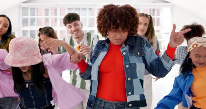 Happy people, dancers and choreography with team in fashion for dance class at studio. Young, group or gen z in stylish clothing for hip hop, funk or moves to rhythm of music or beats together