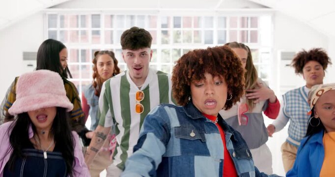 Dancing, group and studio for hip hop, performance and movement practice for rehearsal together. Choreography, freestyle and talent for beat, routine and support with gen z friends and fun energy