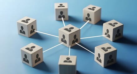 Fototapeta premium Wooden block network connection concept with central node and radiating links