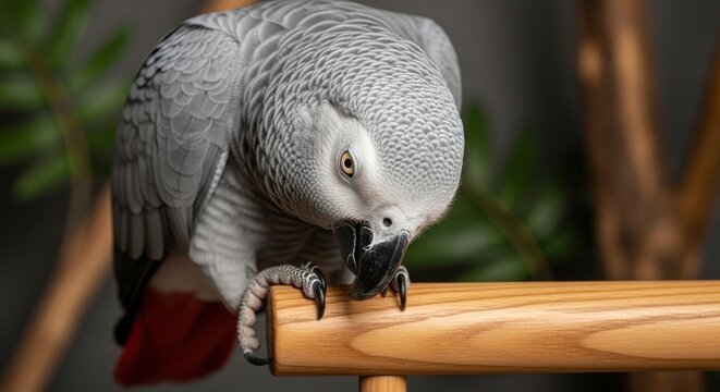 Detailed close-up portrait of an African Grey Parrot with intelligent eyes perched on a wooden bar