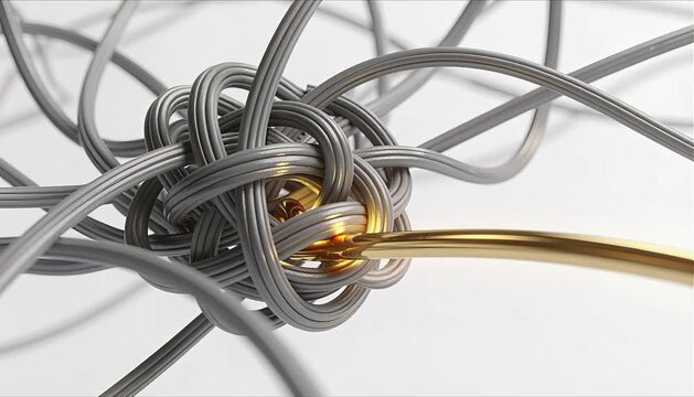 abstract 3d visualization of chaotic knot untangling into straight gold line for mental clarity and stress awareness concept