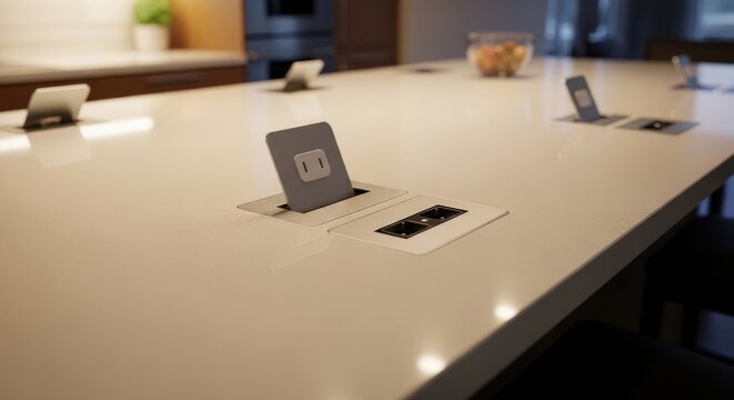 Integrated pop-up electrical outlets seamlessly built into a modern kitchen countertop, offering convenient power access.
