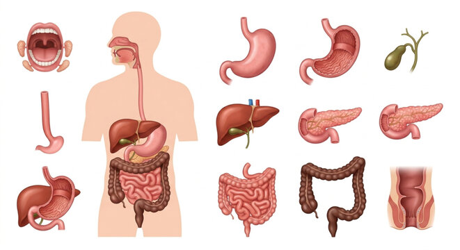 Human Digestive System Anatomy Vector Icon Set. Realistic Internal Organs Infographic Elements Isolated on White Background. Realistic
