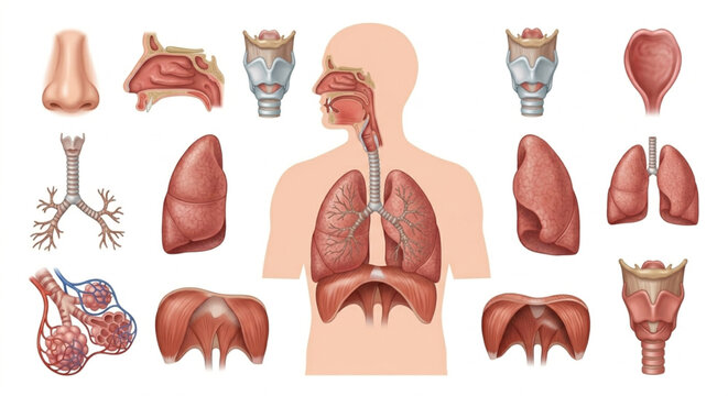 Human Respiratory System Anatomy Vector Set. Realistic Lungs and Airway Organs Collection Isolated on White Background . Realistic 