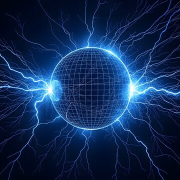 A wireframe sphere at the center of an electromagnetic storm with cobalt data arcs radiating into pure black.