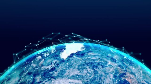 Glowing Blue Earth with Global Digital Plexus Network, Futuristic Technology Planet Background.