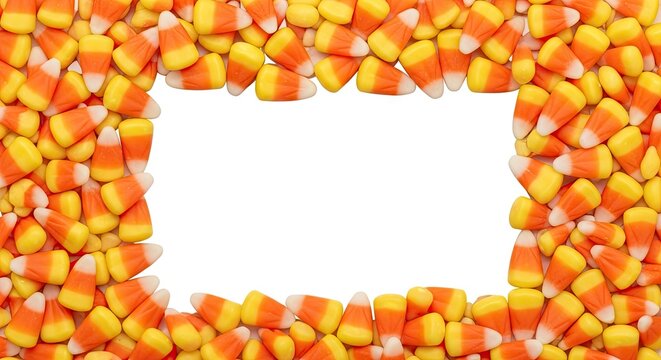 A colorful border of candy corn on a white background