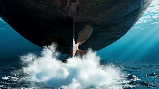 Cinematic Underwater View Looking Up at Massive Supertanker Hull and Propeller
