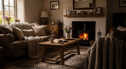 Fototapeta premium A cozy living room with a fireplace and comfortable furniture