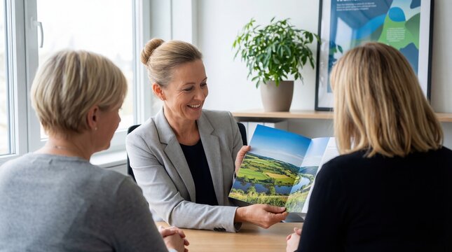 Travel agency, Professional woman presenting a brochure with a landscape photo to two clients