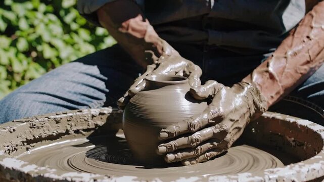 Ceramicist Sculpting Wet Clay In Sunlight. Potter Meticulously Molding Vessel On Wheel With Muddy Hands. Artisan Carefully Forming Clay Into Pot Amid Natural Surroundings And Gentle Rhythms