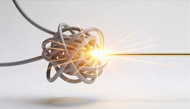 abstract 3d visualization of chaotic knot untangling into straight gold line for mental clarity and stress awareness concept