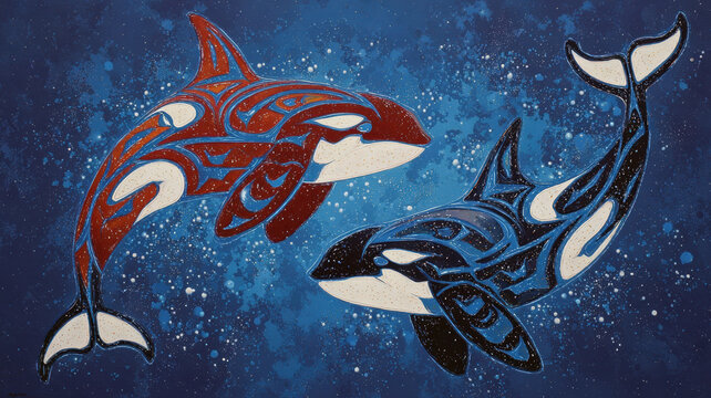 Orca Killer Whale Pair Native Pacific Northwest Tribal Art Red Blue Illustration Ocean Spiritual