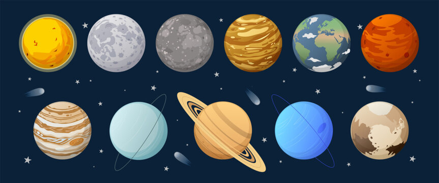 Set of solar system planets and celestial bodies. Vector illustration