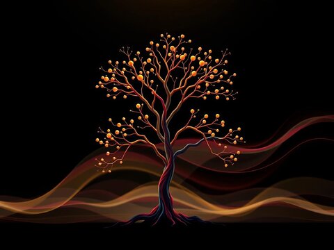 Stylized, organic-looking binary tree with flowing lines and subtle color gradients, suggesting growth, evolution, or branching possibilities,  organic,  tree