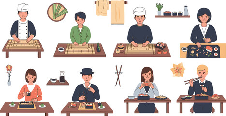 Sushi Making and Dining Vector Illustration Set with Chefs Preparing Rolls, People Eating Japanese Cuisine, Table Scenes, Ingredients, and Traditional Food Culture for Restaurant Branding and Menu  © Shefali
