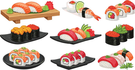 Sushi Food Vector Illustration Set with Nigiri, Maki Rolls, Salmon, Tuna, and Japanese Cuisine Dishes for Restaurant Menu Design, Packaging, and Culinary Branding Projects © Shefali