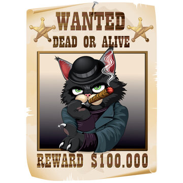 Cat gangster "Wanted Dead or Alive" Poster, smoking a big cigar and looking annoyed. Vector illustration EPS
