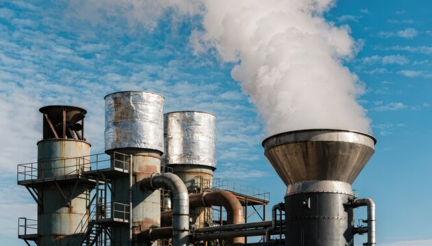 Medium shot showing thick steam plume rising from heat recovery system linked to calciners highlighting environmental benefits of waste heat reuse in industrial processes.
