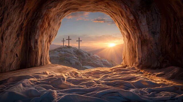 Easter morning dawns over the empty tomb symbolizing the resurrection of Jesus Christ. Morning light breaks over the desert as the sun rises.