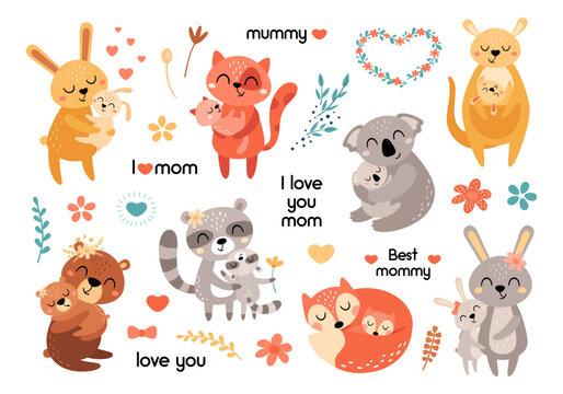 Mom and baby animals clipart set in cartoon style. Happy Mothers day  images. Cute hand drawn vector illustrations.