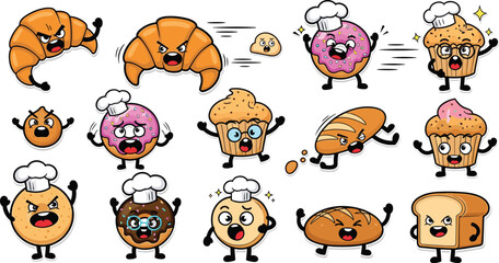 Naklejka premium Funny Cartoon Bakery Characters Vector Set with Donut, Croissant, Muffin, Bread and Pastry Mascots Showing Emotions for Stickers, Kids Design, Cafe Branding, Packaging, and Social Media
