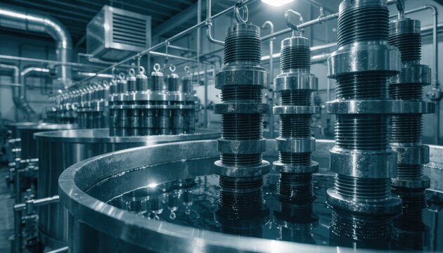 Metal components submerged in sequential tin plating tanks on racks highlighting industrial surface finishing with controlled ventilation systems in a medium shot perspective.