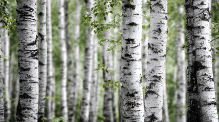 Obraz premium Birch Forest Summer White Trunks Green Leaves Nature Woodland Pattern Texture Background Scandinavian Landscape