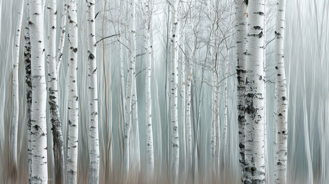 Birch Forest Foggy Misty Winter White Trees Trunks Abstract Nature Landscape Minimalist Background Serene
