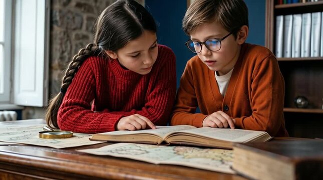  Niña con trenza y un niño con gafas estudiando juntos en un aula cálida