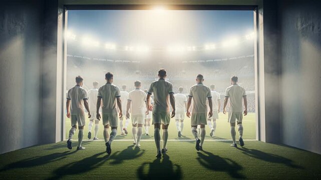 Cheerful team strides under shining stadium illumination with enthusiasm