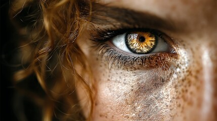 The captivating depths of a golden eye, framed by auburn hair and delicate freckles, revealing a soul's vibrant intensity and mysterious allure in sharp detail