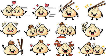 Fototapeta premium Cute Kawaii Dumpling Characters Vector Set with Funny Expressions, Chopsticks, Love, Angry, Happy Faces for Stickers, Kids Design, Asian Food Branding, Packaging, and Social Media Graphics