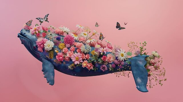A pastel, colorful, illustrated whale-fish adorned with flowers sails through the sky a soft, abstract, elegant, pink water creature.