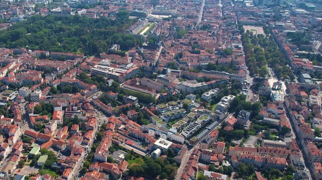 Aerial view beside the old town around the city Nancy in France on a sunny summer noon.