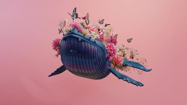 A pastel, colorful, illustrated whale-fish adorned with flowers sails through the sky a soft, abstract, elegant, pink water creature.
