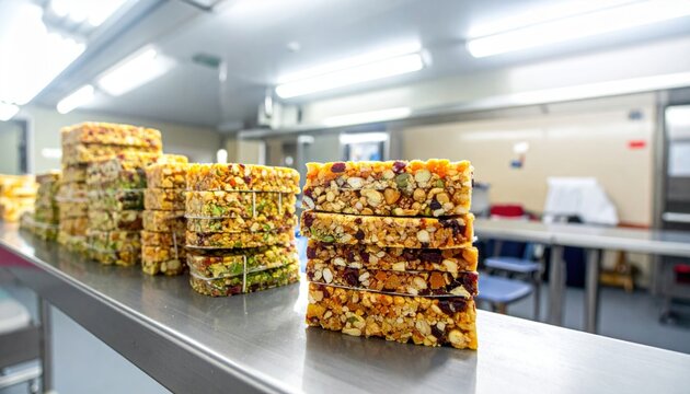 Neatly stacked emergency high-energy food rations, packed with nuts and fruits, displayed on a stainless steel counter in a bright commercial kitchen.