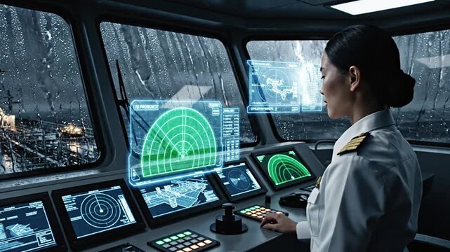 Inside Dark Ship Bridge at Night with Glowing Radar Screens and Rain on Window