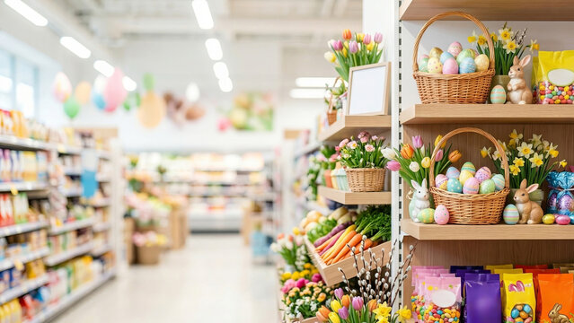 Easter eggs and baskets displayed on supermarket shelves with tulips daffodils and candies. Spring holiday decorations in grocery store aisle. Seasonal shopping concept for easter celebration