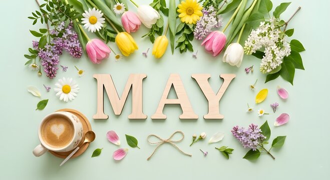 Spring composition with word MAY made of wooden letters among fresh flowers on pastel green background, flat lay. Concept of may month calendar.