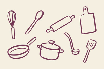 Fototapeta premium Kitchen utensils doodle icon set vector illustration
