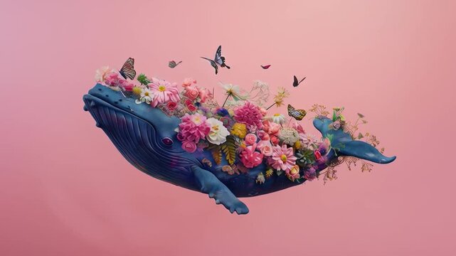A pastel, colorful, illustrated whale-fish adorned with flowers sails through the sky a soft, abstract, elegant, pink water creature.
