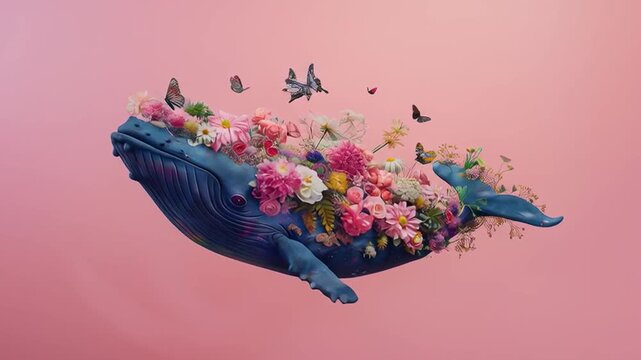 A pastel, colorful, illustrated whale-fish adorned with flowers sails through the sky a soft, abstract, elegant, pink water creature.