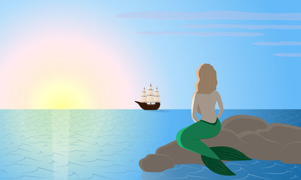 A mermaid on rocks, surrounded by the sea, birds, a ship, and a sunset. The background is in blue tones.