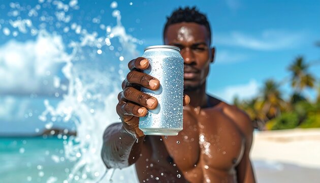 A man on a sunny beach holds a refreshing drink can with water splashes, embodying energy and hydration.