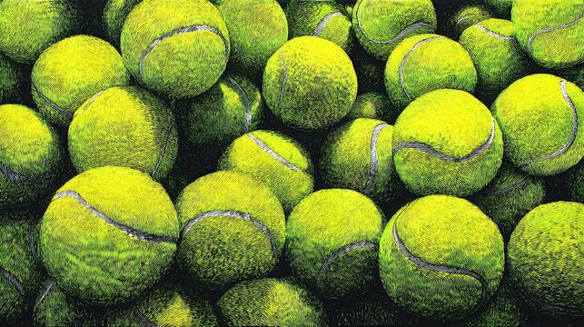 Abundant pile of bright yellow-green tennis balls rendered in a detailed, textured engraving or woodcut style creates a vibrant sports pattern.
