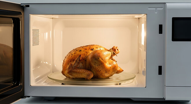 Delicious golden roasted chicken warming inside a modern microwave oven, ready to serve and enjoy